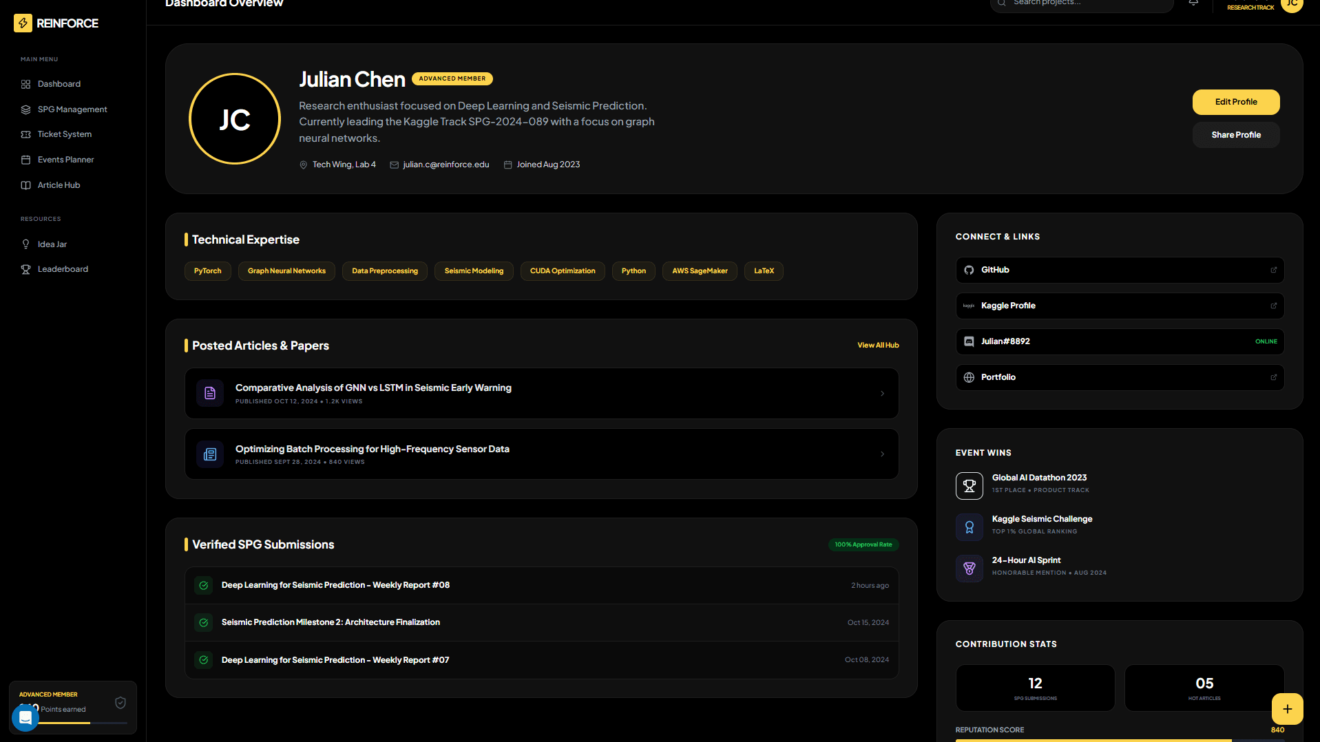 Member profile interface with sample data